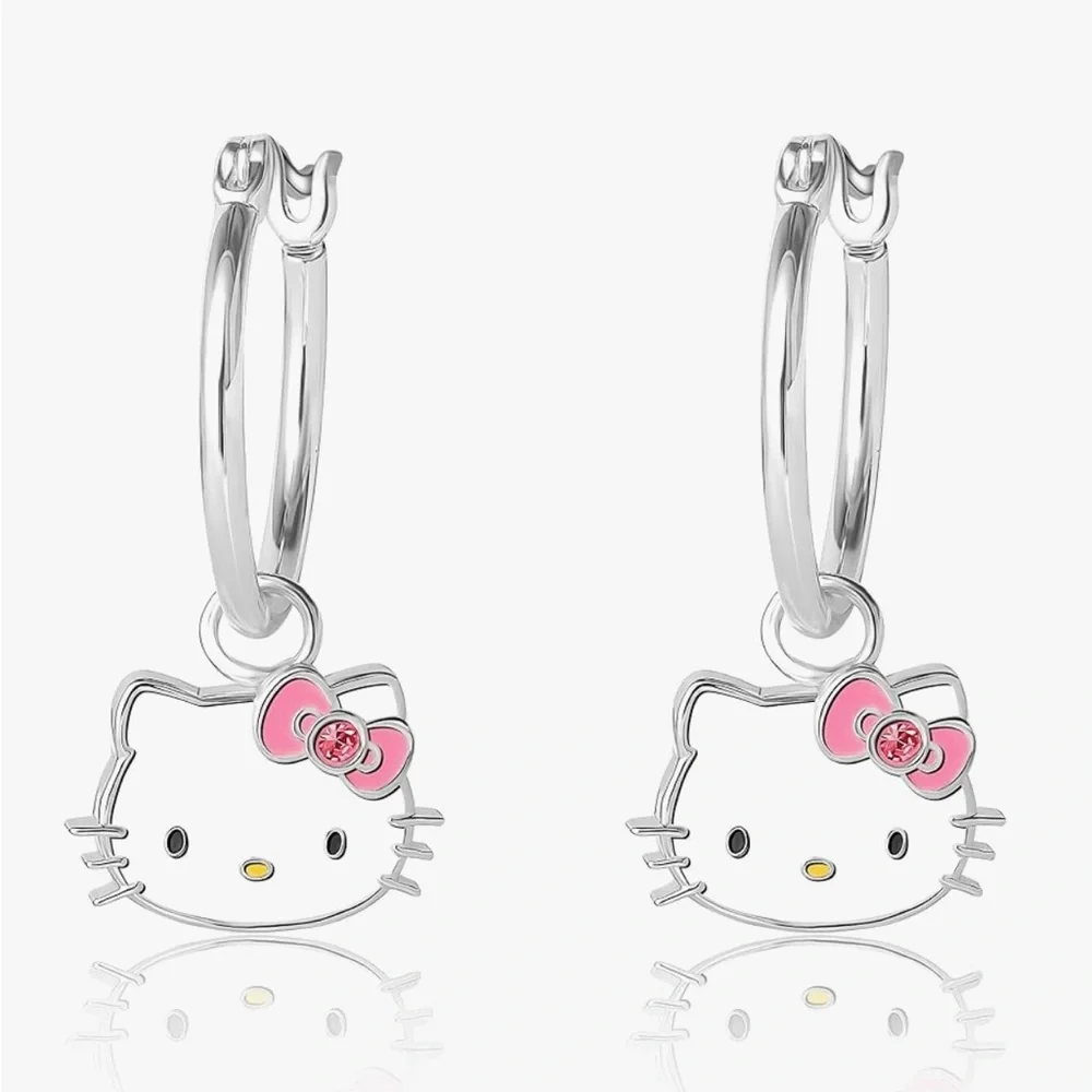New Hello Kitty Silver Plated Hoop Earrings with White & Pink enamel charm.